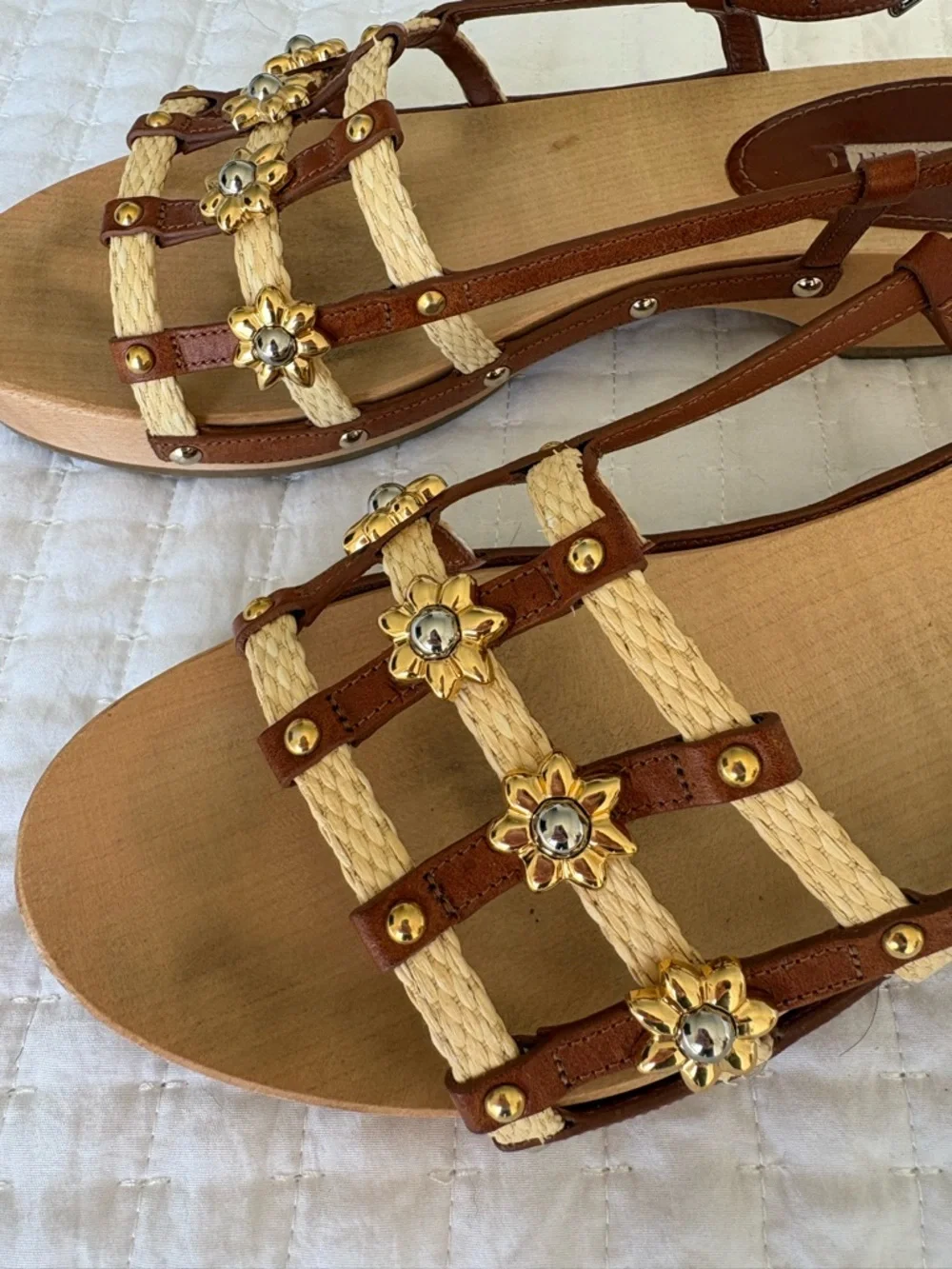 Fabrizio Viti Sofia Leather & Raffia Sandal Size 11 Luxury Coastal Vacation Boho